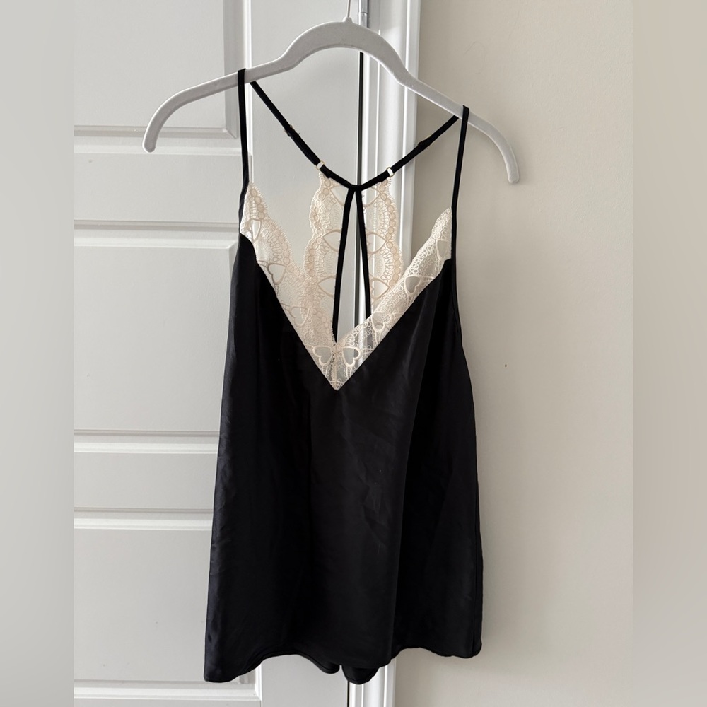 Flora Nikrooz Black Cami Top Cream Lace Trim Large  NWT Y2K B2C Going Out Rush